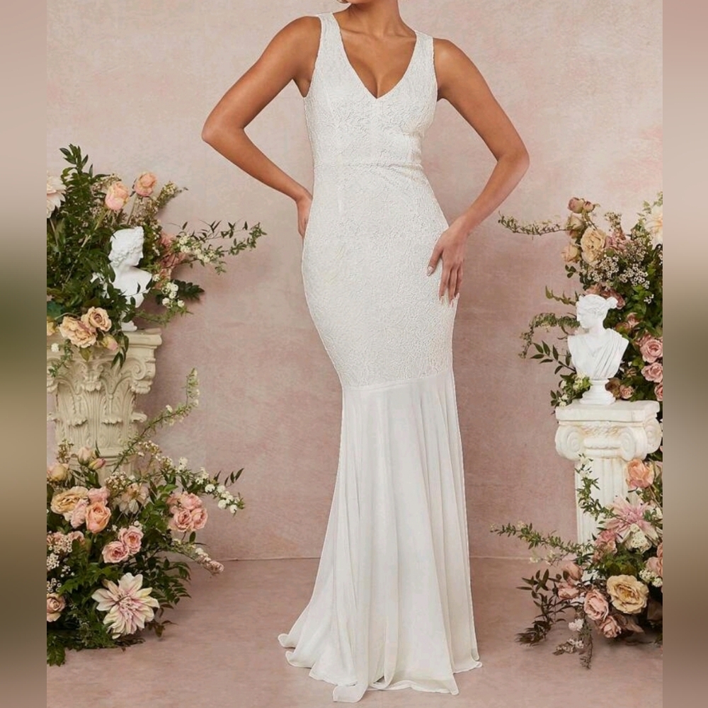 Lace Wedding Dress Size M Medium 5 6 7 8 Stretch Long Lined Bride Bridal White - Picture 4 of 15